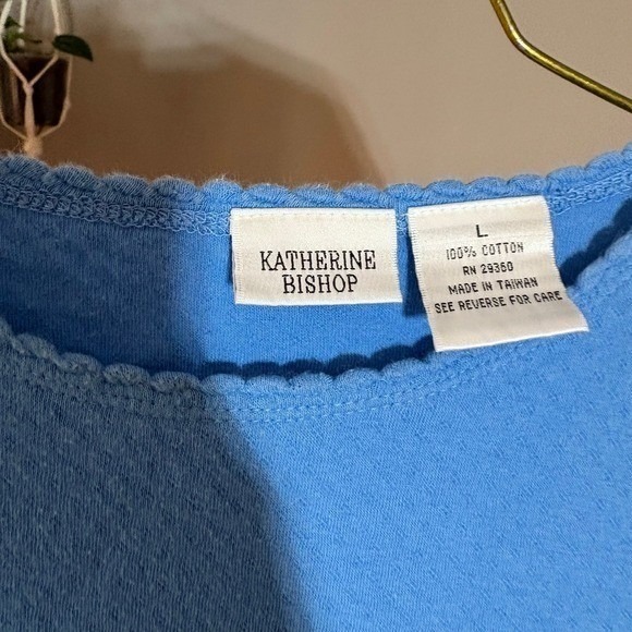 Katherine Bishop T-Shirt Womens Large Blue Scalloped Neck Pointelle Knit Top - Picture 4 of 7